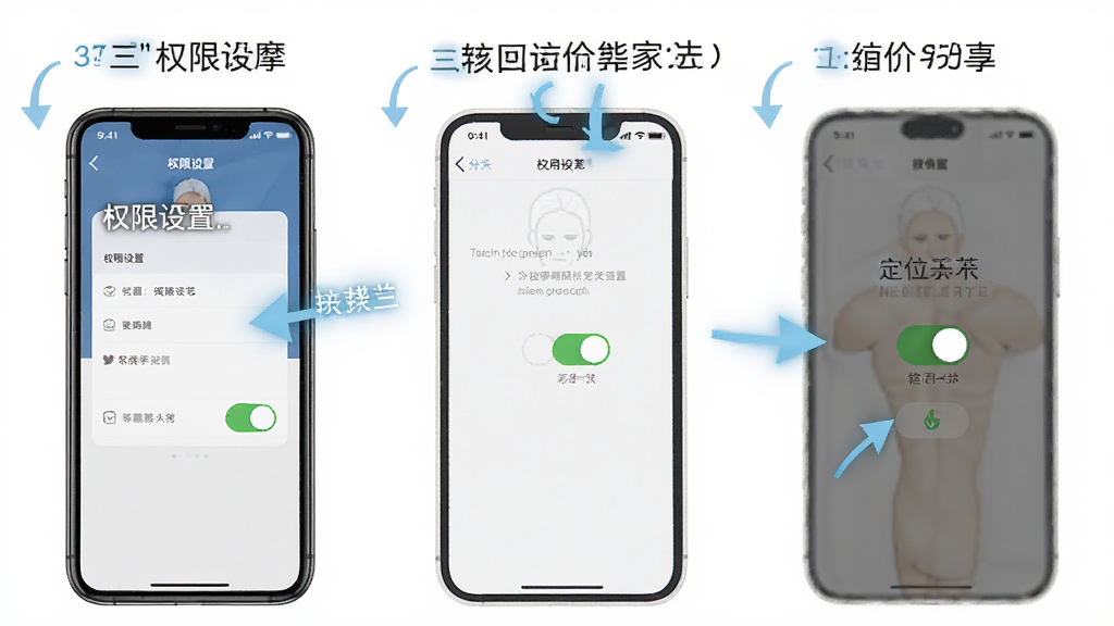 按摩到家使用教程示意图,手机屏幕显示权限设置页面与定位开关,主体为手机,布局为分步截图排列,排版清晰,风格为教程指引风,细节包含箭头指示、文字标注、权限开关,画质高清,干净,无多余元素