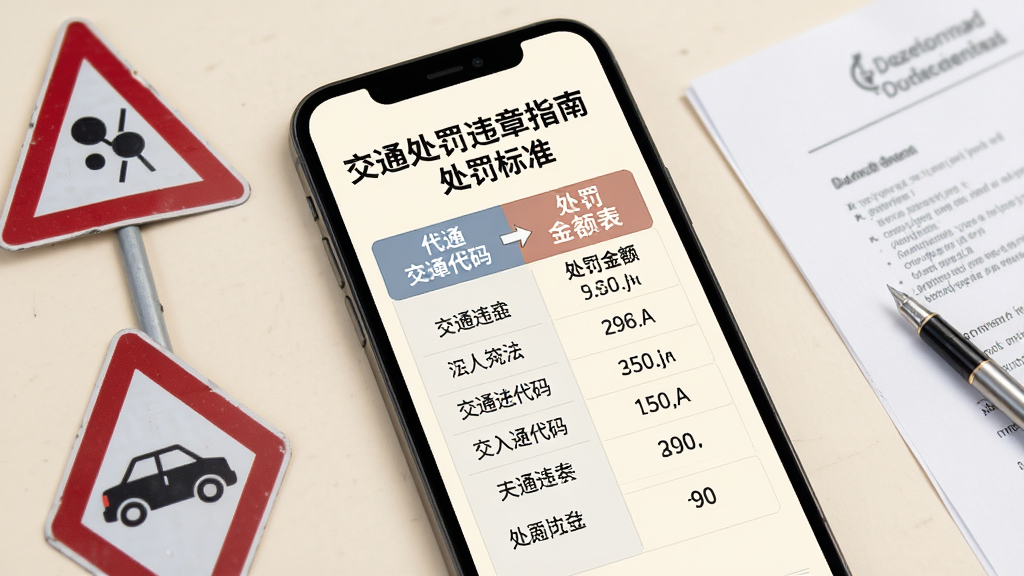 交通处罚违章指南处罚标准说明页面,手机屏幕展示交通违法代码与处罚金额对照表,背景为米白色,画面中有交通标志与文档元素,风格商务简约,画质干净,无多余元素