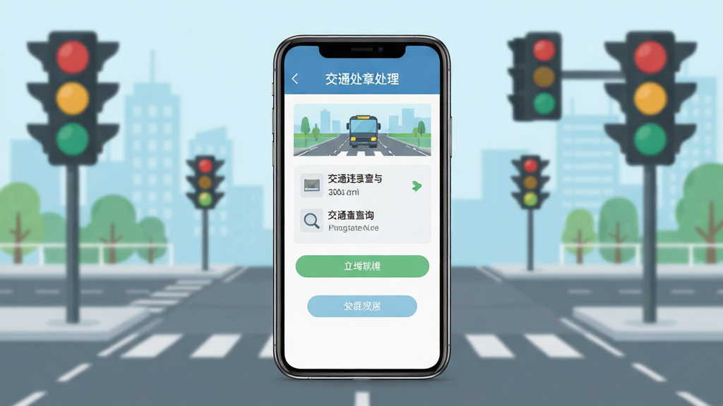 交通处罚违章指南软件主界面展示,画面中央是一部智能手机,屏幕上显示交通违章查询与处理功能页面,背景为城市道路与交通信号灯,整体风格简洁明亮,采用扁平化设计,细节清晰,画质干净,无多余元素