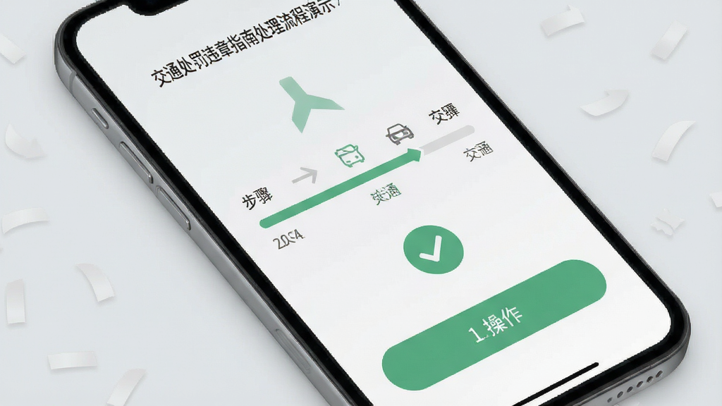 交通处罚违章指南处理流程演示界面,手机屏幕显示步骤进度条与操作按钮,背景为淡灰色,画面中有箭头与对勾图标,风格清爽素雅,画质干净,无多余元素