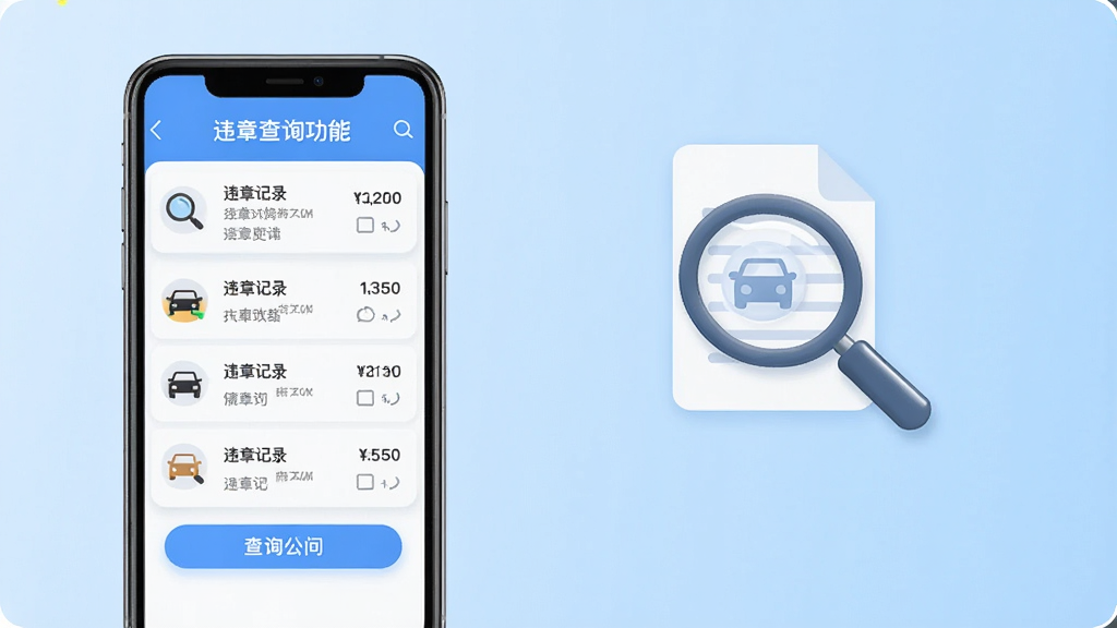 交通处罚违章指南违章查询功能界面,手机屏幕显示违章记录列表与查询入口,背景为浅蓝色渐变,画面中有放大镜与文档图标,风格清新简约,画质干净,无多余元素