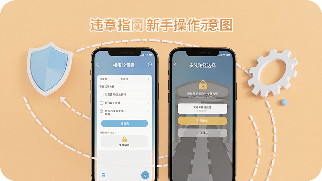 交通处罚违章指南新手操作示意图,手机屏幕显示权限设置与安装路径选择界面,背景为浅橙色,画面中有盾牌与齿轮图标,风格清新浅色,画质干净,无多余元素