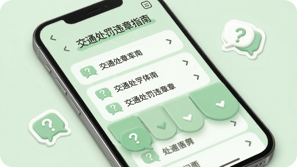 交通处罚违章指南常见问题页面,手机屏幕显示问答列表与折叠面板,背景为浅绿色,画面中有问号与对话气泡图标,风格柔和圆角,画质干净,无多余元素