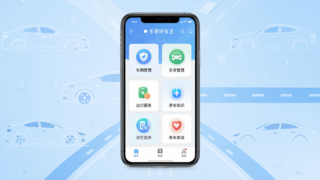乐享好车主软件主界面展示,画面中央放置一部智能手机,手机屏幕上显示乐享好车主APP的首页界面,界面包含车辆管理、出行服务、养车知识等功能模块图标,背景为浅蓝色渐变,四周点缀简约的汽车轮廓线条和道路元素,整体风格清新现代,排版居中对称,细节精致,画质高清,干净整洁,无多余元素