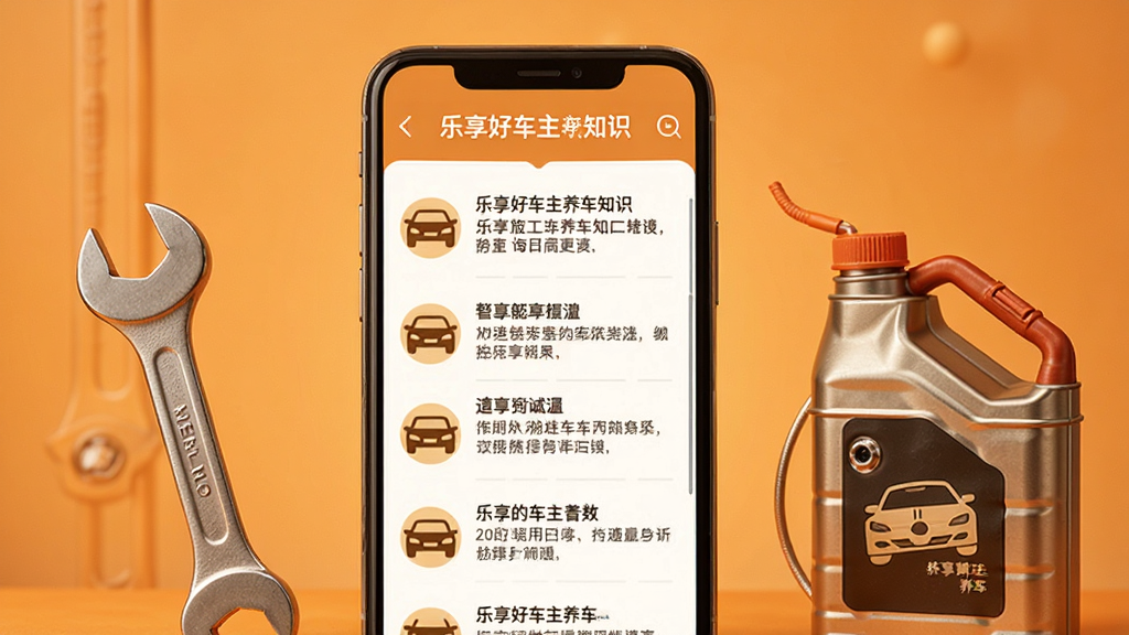 乐享好车主养车知识页面,画面展示手机屏幕显示养车知识文章列表,每篇文章配有小型图标,屏幕旁边放置扳手和机油桶等汽车保养工具,背景为暖橙色渐变,整体风格温馨实用,排版清晰,细节到位,画质高清,干净无多余元素