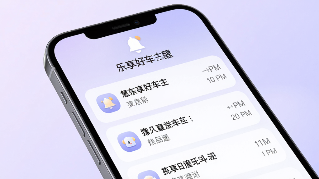乐享好车主消息提醒界面,画面展示手机屏幕显示消息通知列表,每条通知带有小图标和时间戳,屏幕上方有铃铛图标,背景为浅紫色渐变,整体风格柔和舒适,排版简洁,细节精致,画质高清,干净无多余元素