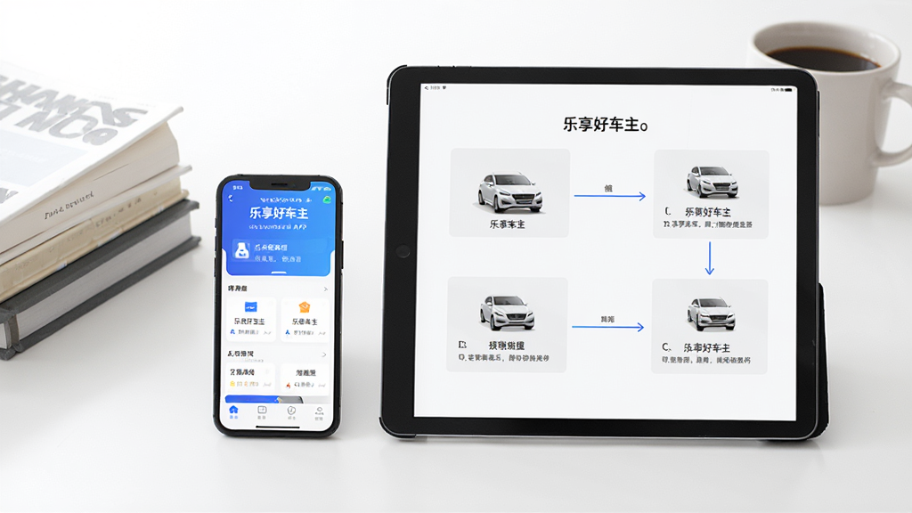 乐享好车主使用技巧示意图,画面展示一部手机和一个平板电脑并排摆放,手机屏幕显示乐享好车主APP界面,平板屏幕显示操作步骤图解,背景为纯白色,桌面放置几本书和一个咖啡杯,整体风格生活化,排版自然,画质高清,干净整洁,无多余元素