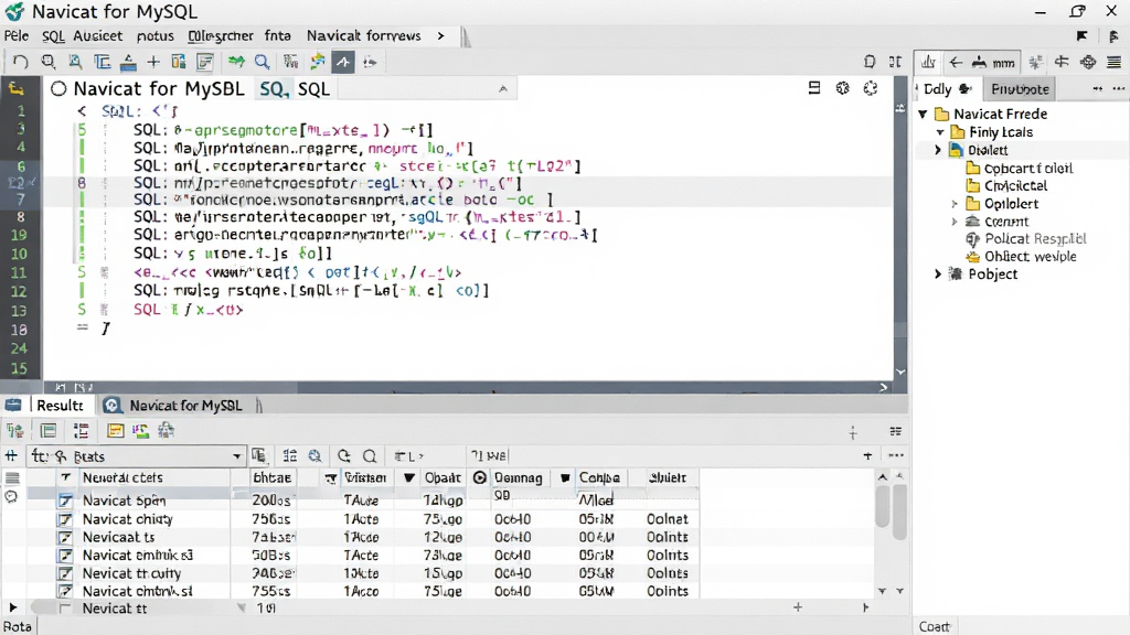 一张展示 Navicat for MySQL SQL 编辑器界面的图片。画面中是一个代码编辑器窗口,里面写有彩色高亮的 SQL 查询语句,编辑器下方是查询结果的数据网格,显示了多行多列的数据记录。界面右侧有一个对象浏览器面板。整体风格为专业软件截图,画质干净,细节清晰,无多余元素。