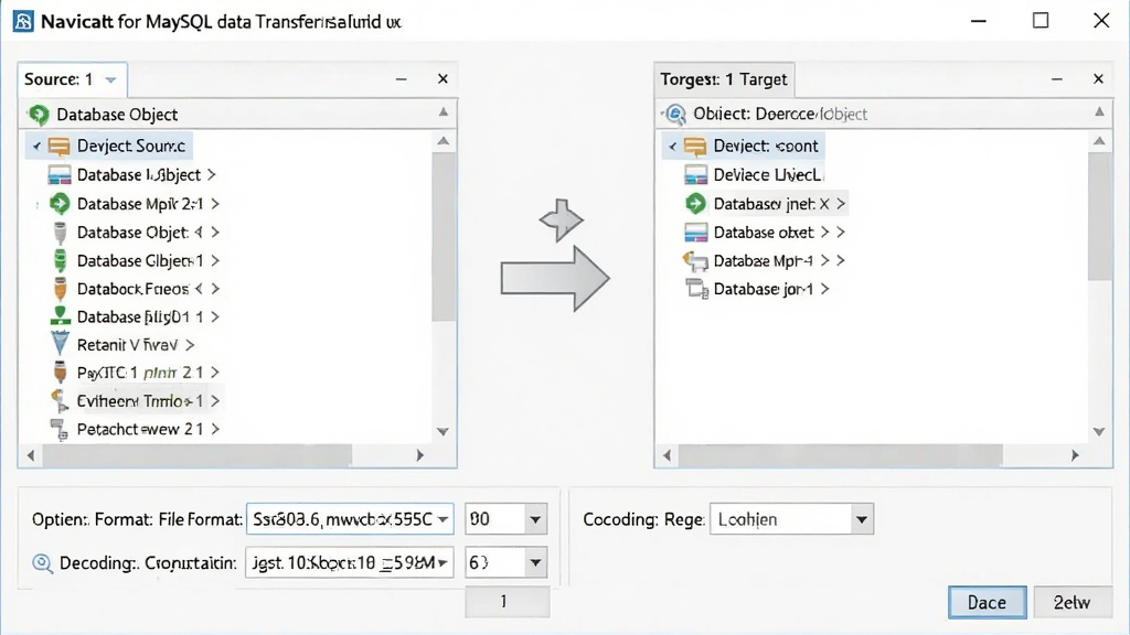 一张展示 Navicat for MySQL 数据传输向导界面的图片。画面中是一个向导对话框,左侧列出了源数据库的对象列表,右侧是目标数据库的对象列表,中间有箭头指示传输方向。界面下方有选项设置区域,用于配置文件格式和编码。整体风格为专业软件界面截图,布局清晰,画质干净。