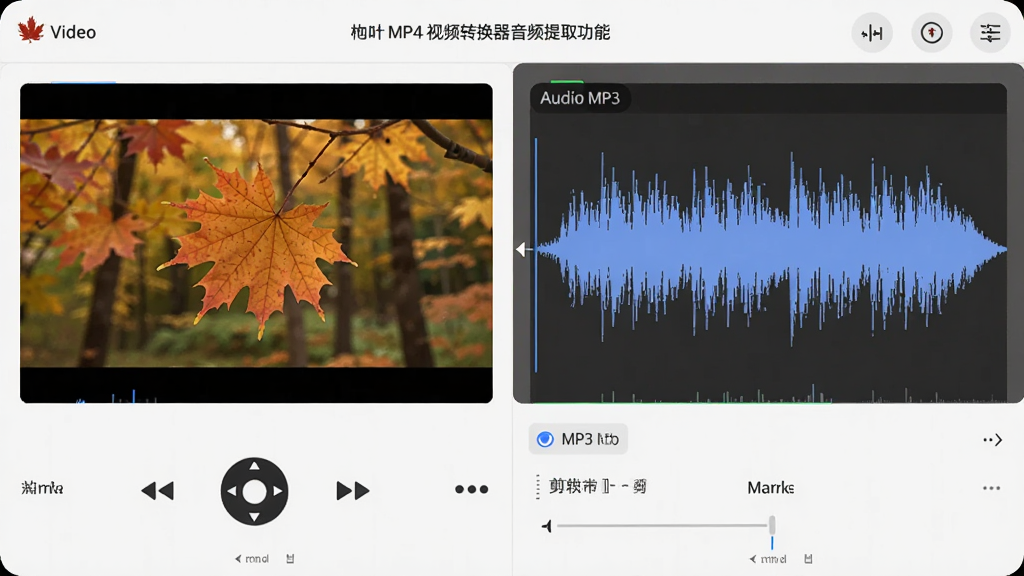 主体为枫叶MP4视频转换器音频提取功能界面,布局为视频文件与音频波形并列展示,排版为左右分栏,风格为简约现代,细节包含MP3输出选项与剪切标记,画质清晰干净无多余元素
