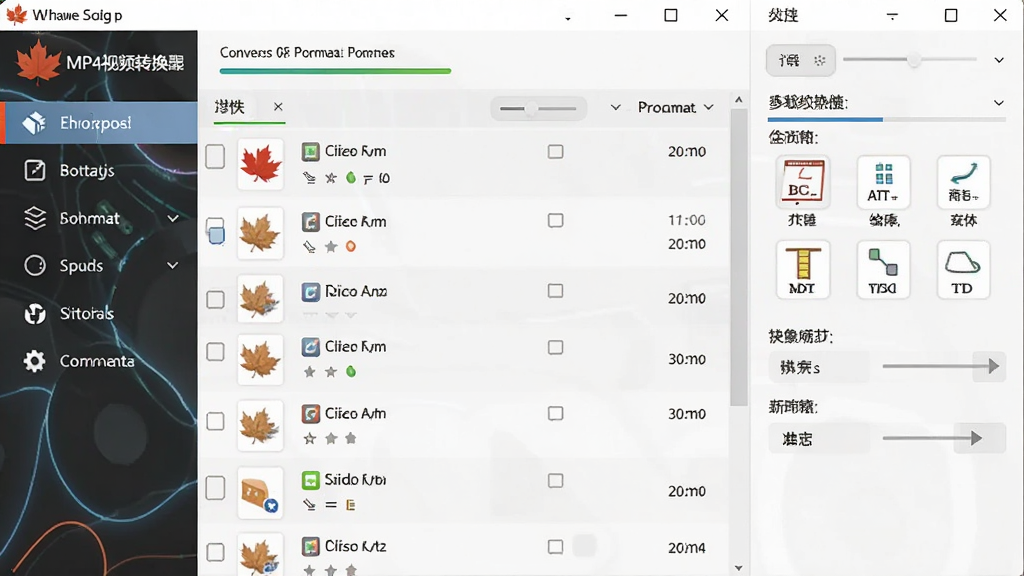 主体为枫叶MP4视频转换器软件界面,布局为左侧功能导航、中间文件列表、右侧参数设置面板,排版整齐,风格为清爽科技风,细节包含转换进度条、格式图标、枫叶logo,画质清晰干净无多余元素