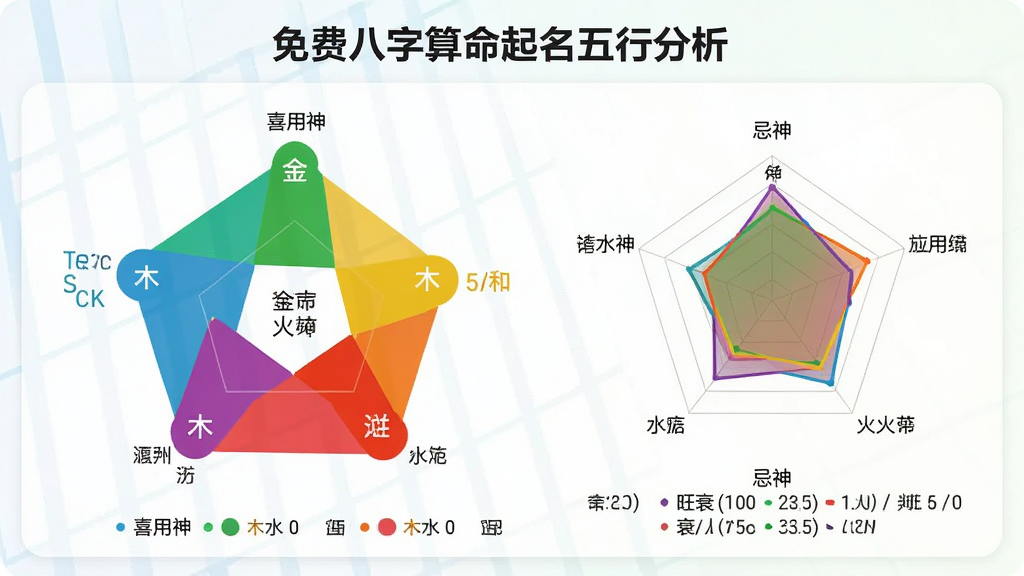 一张展示免费八字算命起名五行分析功能的图片,画面中央是五行分布柱状图与雷达图,五种颜色分别代表金木水火土,旁边有文字说明喜用神与忌神,风格为清新数据可视化设计,细节包含五行数量统计、旺衰判断结论,画质清晰,干净,无多余元素