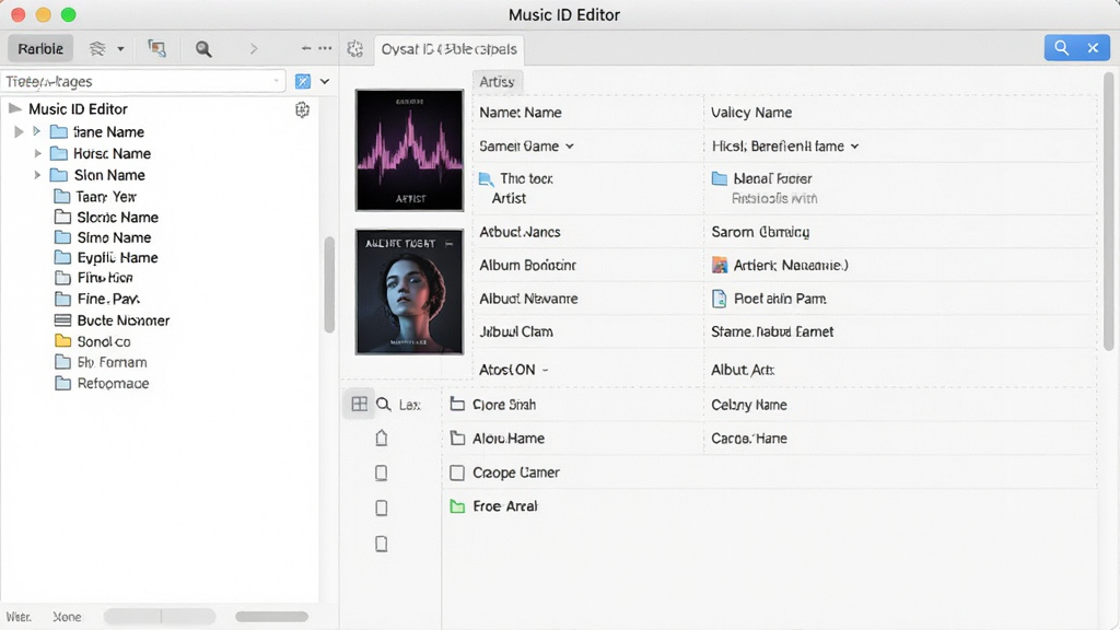 Music ID Editor 软件界面全景展示,主体为简洁的音频标签编辑窗口,布局包含左侧文件列表和右侧详细标签信息面板,排版清晰有序,风格为现代简约的电脑软件界面,细节包括歌曲名称、艺术家、专辑封面缩略图等元素,画质高清,干净,无多余元素。
