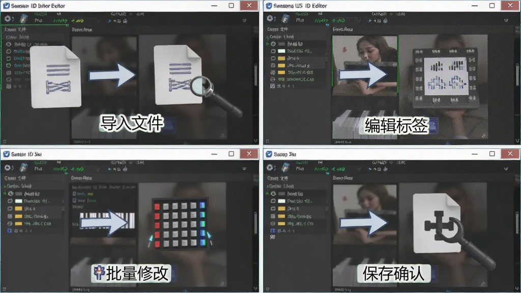 Music ID Editor 使用教程步骤图,主体为软件操作流程图解,布局为四格分镜展示导入文件、编辑标签、批量修改、保存确认四个步骤,排版清晰有序,风格为教学示意图,细节包括箭头指示和文字标注,画质高清,干净,无多余元素。