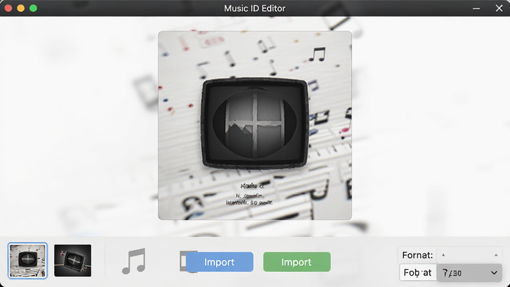 Music ID Editor 专辑封面管理界面,主体为封面图片预览窗口和导入按钮,布局为中央大图预览和下方操作工具栏,排版简洁,风格为现代音乐软件风格,细节包括图片缩略图、导入导出按钮和格式选择菜单,画质高清,干净,无多余元素。