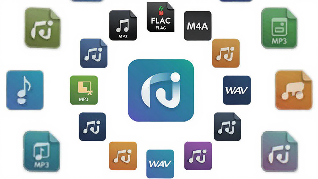 Music ID Editor 多格式支持展示,主体为不同音频格式图标环绕软件Logo,布局为圆形排列,排版对称美观,风格为扁平化科技风格,细节包括MP3、FLAC、M4A、WAV等格式标识,画质高清,干净,无多余元素。
