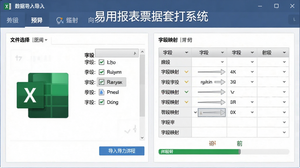 一张展示“易用报表票据套打系统”数据导入功能的图片,主体为软件数据导入向导界面,布局为文件选择区与字段映射表,排版清晰,风格为商务数据风,细节包括Excel图标、字段对应箭头、导入进度条,画质清晰,干净,无多余元素