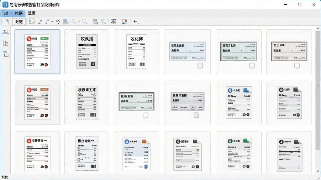 一张展示“易用报表票据套打系统”模板库的图片,主体为软件界面中的模板选择窗口,布局为网格状缩略图排列,排版清晰,风格为简洁办公风,细节包括发票、收据、支票等模板图标,画质清晰,干净,无多余元素