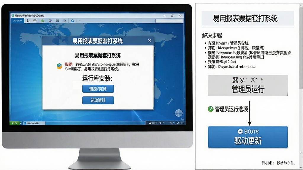 一张展示“易用报表票据套打系统”问题排查的图片,主体为电脑屏幕上显示错误提示与解决步骤,布局为弹窗与帮助文档并排,排版清晰,风格为技术支持风,细节包括运行库安装提示、管理员运行选项、驱动更新按钮,画质清晰,干净,无多余元素