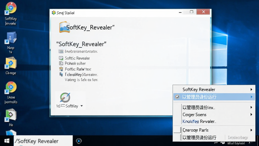 一张展示 SoftKey Revealer 在 Windows 电脑上以管理员身份运行的界面截图风格生图,画面主体是软件窗口与右键菜单中的“以管理员身份运行”选项,布局为居中,风格为写实桌面截图风,细节包括窗口阴影与菜单高亮,画质清晰干净,画面中文字使用引号标注“SoftKey Revealer”,无多余元素