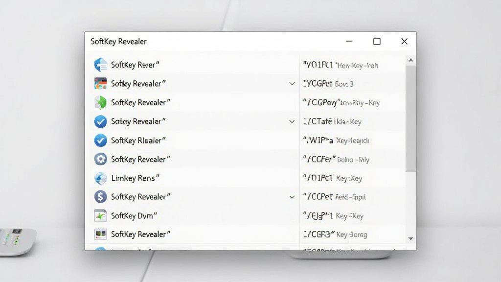 一张展示 SoftKey Revealer 软件主界面的图片,画面中央是简洁的软件窗口,窗口内以列表形式展示多款软件名称与对应的产品密钥,背景为干净的浅灰色桌面,整体风格清爽专业,画质清晰,无多余元素,画面中文字使用引号标注“SoftKey Revealer”