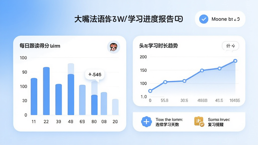 大嘴法语学习进度报告页面,展示柱状图显示每日跟读得分,折线图显示学习时长趋势。界面采用蓝白渐变背景,圆角卡片布局,风格现代简约。细节包括打卡日历、连续学习天数和复习提醒图标。画质高清,画面干净,无多余元素。