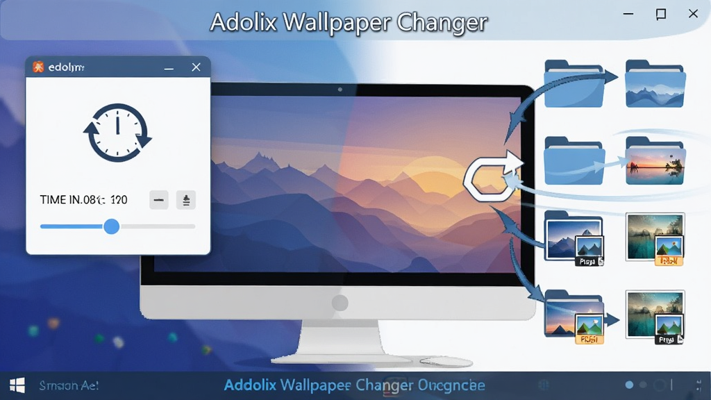 Adolix Wallpaper Changer自动轮播功能示意图,画面中央为电脑桌面背景正在切换的过渡效果,左侧悬浮软件控制面板显示时间间隔设置滑块,右侧展示多个文件夹图标与壁纸缩略图流向桌面,风格为科技感扁平插画,细节包含时钟图标、循环箭头、图片格式标识,画质清晰,干净无多余元素,文字标注“Adolix Wallpaper Changer”