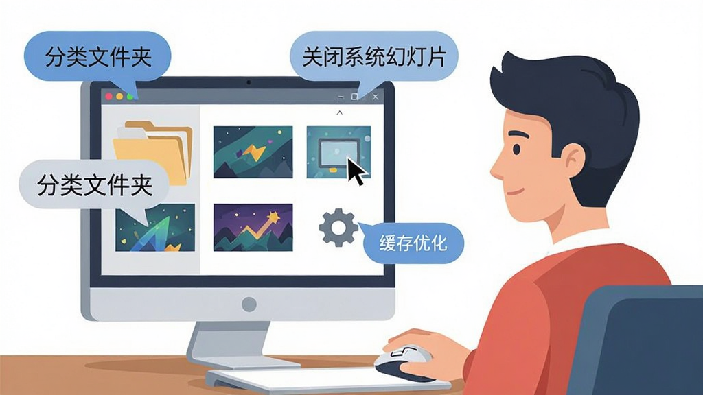 Adolix Wallpaper Changer使用技巧示意图,画面为电脑屏幕前用户手拿鼠标操作软件界面,屏幕旁漂浮多个提示气泡,分别写着“分类文件夹”、“关闭系统幻灯片”、“缓存优化”,布局为人物与屏幕的侧面视角,风格为扁平化插画,细节包含鼠标指针、壁纸缩略图、齿轮图标,画质清晰,干净无多余元素