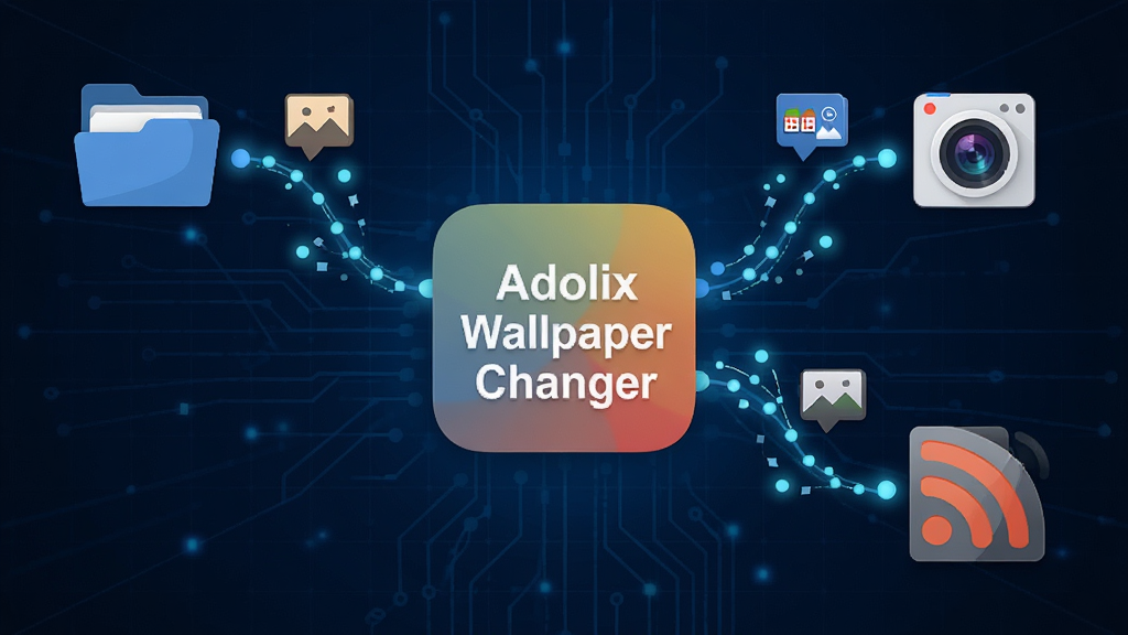 Adolix Wallpaper Changer多源获取功能概念图,主体为软件图标居中,向外延伸出三条数据线分别连接本地文件夹图标、网络摄像头图标和RSS信号图标,背景为深蓝色科技网格,布局呈放射状,风格为现代扁平化设计,细节包含数据流动光点、图片格式标签,画质高清,干净无多余元素,图片中文字“Adolix Wallpaper Changer”