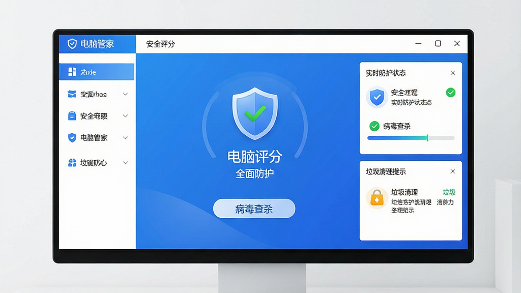 电脑管家软件主界面全景展示,主体为蓝白配色的安全防护仪表盘,布局中央显示安全评分和病毒查杀按钮,左侧为功能导航栏,右侧为实时防护状态和垃圾清理提示,排版整齐清晰,风格为现代科技简约风,细节包含盾牌图标、绿色对勾、扫描进度条,画质高清,干净无多余元素,屏幕中文字显示“电脑管家”和“全面防护”。