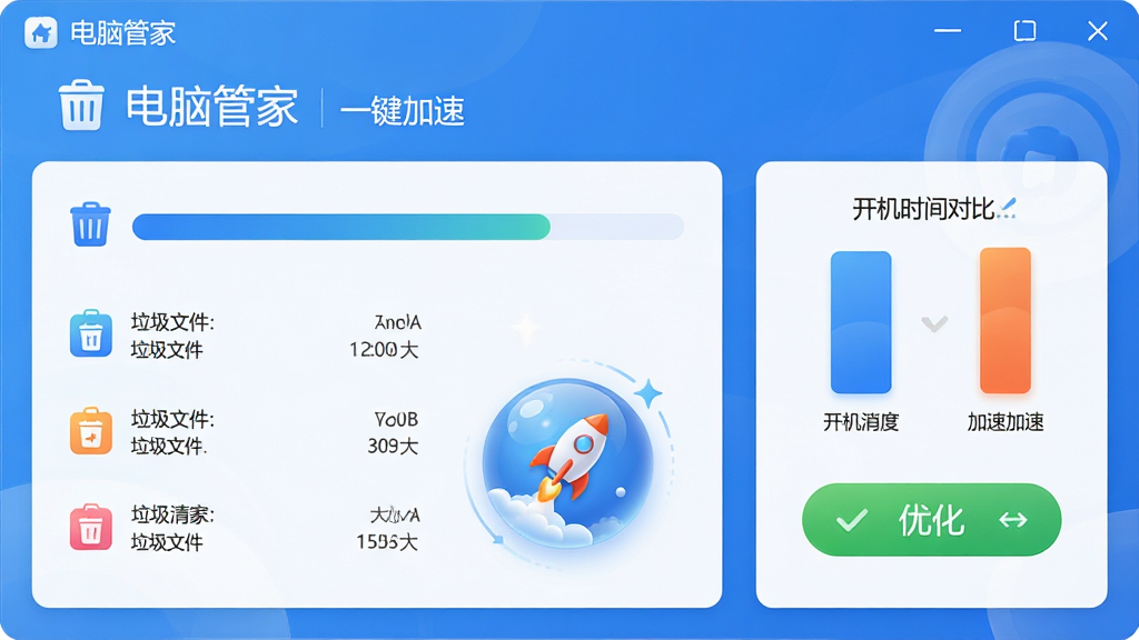 电脑管家垃圾清理与加速界面,主体为清理进度条和加速球,布局左侧显示垃圾文件分类和大小,右侧为开机时间对比和加速按钮,排版清晰直观,风格为清新蓝色调,细节包含垃圾桶图标、火箭升空图标、绿色优化按钮,画质高清,干净无多余元素,界面文字显示“电脑管家”和“一键加速”。