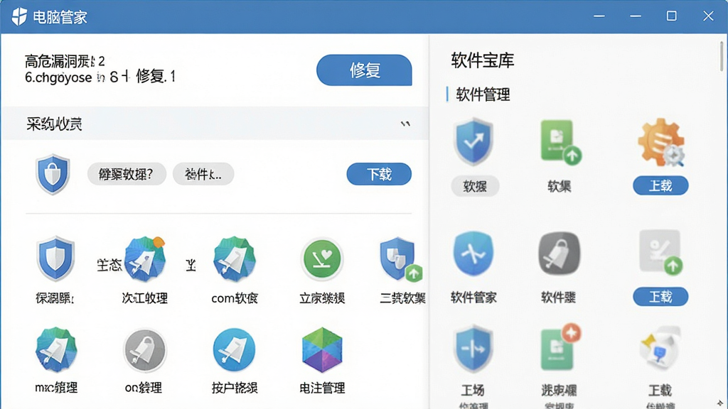 电脑管家漏洞修复与软件管理界面,主体为补丁列表和软件宝库页面,布局上方显示高危漏洞数量和修复按钮,下方为常用软件图标网格,排版规整,风格为扁平化设计,细节包含盾牌补丁图标、软件分类标签、下载按钮,画质高清,干净无多余元素,界面文字显示“电脑管家”和“软件管理”。