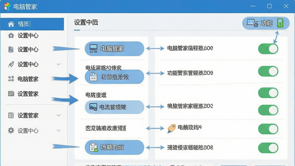 电脑管家操作教程示意图,主体为软件设置界面和功能按钮标注,布局左侧为菜单列表,右侧为详细设置选项,排版清晰,风格为扁平化教学风,细节包含箭头指示、文字标注、开关按钮,画质高清,干净无多余元素,界面文字显示“电脑管家”和“设置中心”。