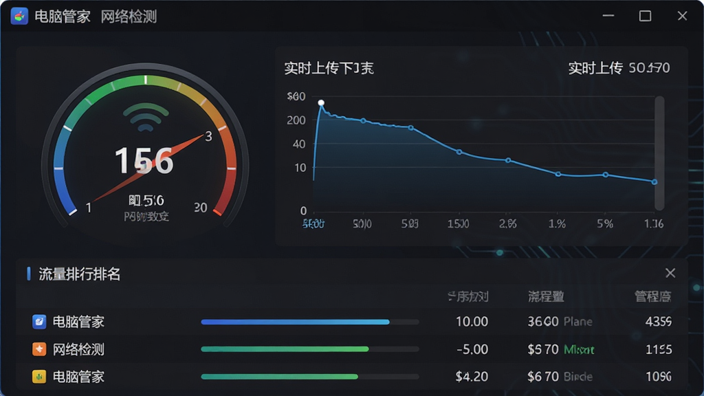 电脑管家网络检测与流量监控面板,主体为网速仪表盘和流量排行列表,布局上方显示实时上传下载速度曲线,下方为程序流量消耗排名,排版紧凑,风格为暗色科技风,细节包含信号波纹图标、网速数字、进度条,画质高清,干净无多余元素,界面文字显示“电脑管家”和“网络检测”。