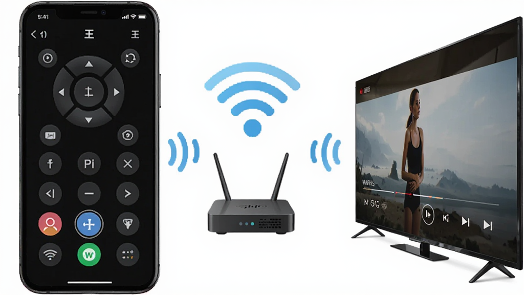 һ��չʾ���ܵ���ң������WiFi�������ƹ��ܵ�ʾ��ͼ���������Ϊ�ֻ����Ҳ�Ϊ���ܵ��ӣ�����֮��ͨ��WiFi�ź�ͼ�����ӣ��м���ʾ����·����ͼ�꣬�ֻ���Ļ��ʾң�ؽ��棬������Ļ��ʾ���Ż��棬�������Լ�ִ����������ҶԳƣ�ϸ�����������ʸ��壬�ɾ��޶���Ԫ��