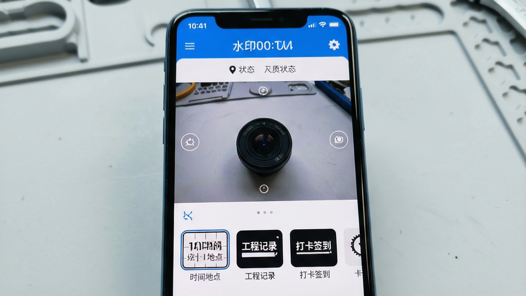 一张手机屏幕正面展示图,画面中央是“水印相机定位助手”应用主界面,界面顶部显示时间与定位状态,中部是相机取景框,底部排列多个水印模板缩略图,包含时间地点、工程记录、打卡签到等样式,整体采用蓝白配色,图标清晰,布局整齐,背景为浅灰色工作台面,光线明亮柔和,画质清晰干净,无多余元素