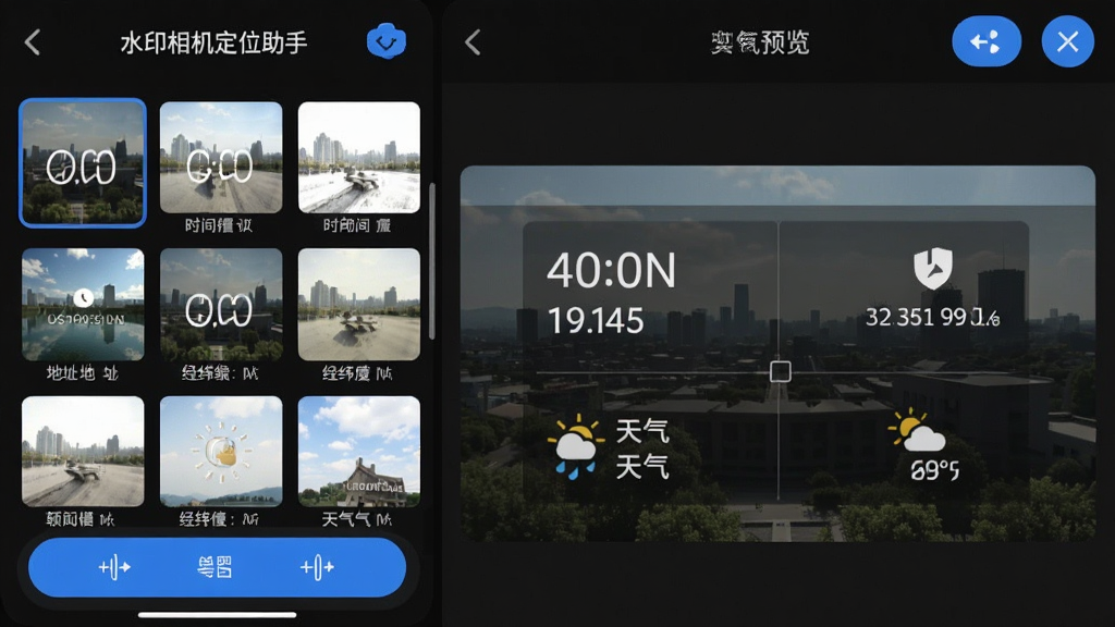 一张手机界面截图风格图,展示“水印相机定位助手”的水印编辑面板,屏幕左侧是水印模板列表,右侧是实时预览区域,预览画面中同时显示时间、地址、经纬度、天气四项信息,界面采用深色模式,文字为白色,按钮为蓝色圆角,整体排版紧凑,风格现代简洁,画质清晰,无杂乱元素
