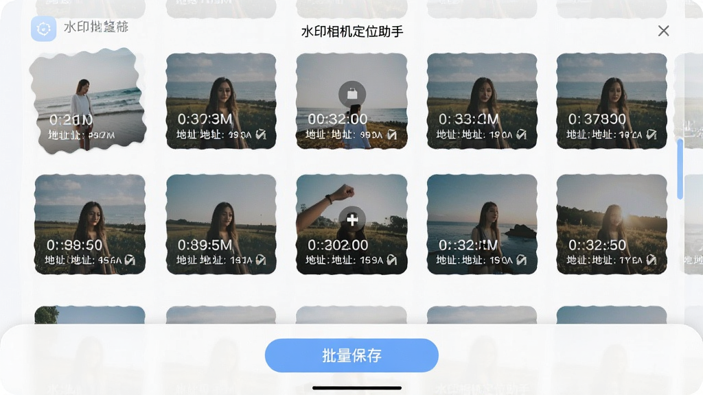 一张手机相册批量处理界面的示意图,画面中“水印相机定位助手”正在对多张照片同时添加水印,每张缩略图上都叠加了时间与地址信息,底部有“批量保存”按钮,界面为浅色主题,卡片式布局,圆角图标,背景干净,画质清晰,无多余装饰