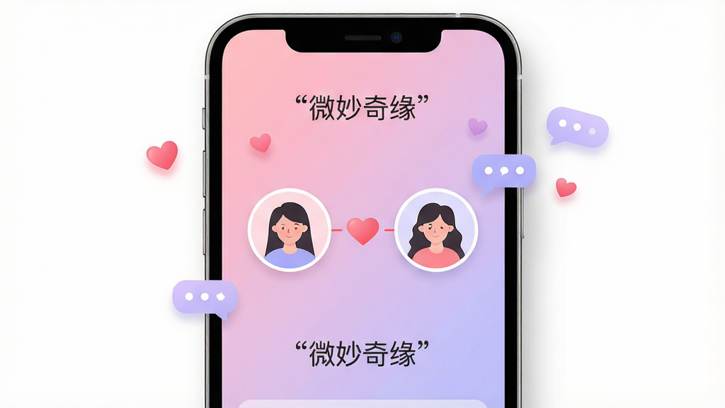 一张展示微妙奇缘手机应用界面的数字插画,主体是一部居中放置的智能手机,屏幕内显示柔和粉色与浅紫色渐变背景的社交匹配页面,页面中央有两个圆形用户头像卡片和心形连接图标,布局采用左右对称的现代UI设计风格,排版清晰简洁,背景为纯白色带轻微阴影,细节上加入漂浮的小爱心和聊天气泡元素,画质干净清晰,无多余杂乱元素,文字内容使用引号标注“微妙奇缘”。