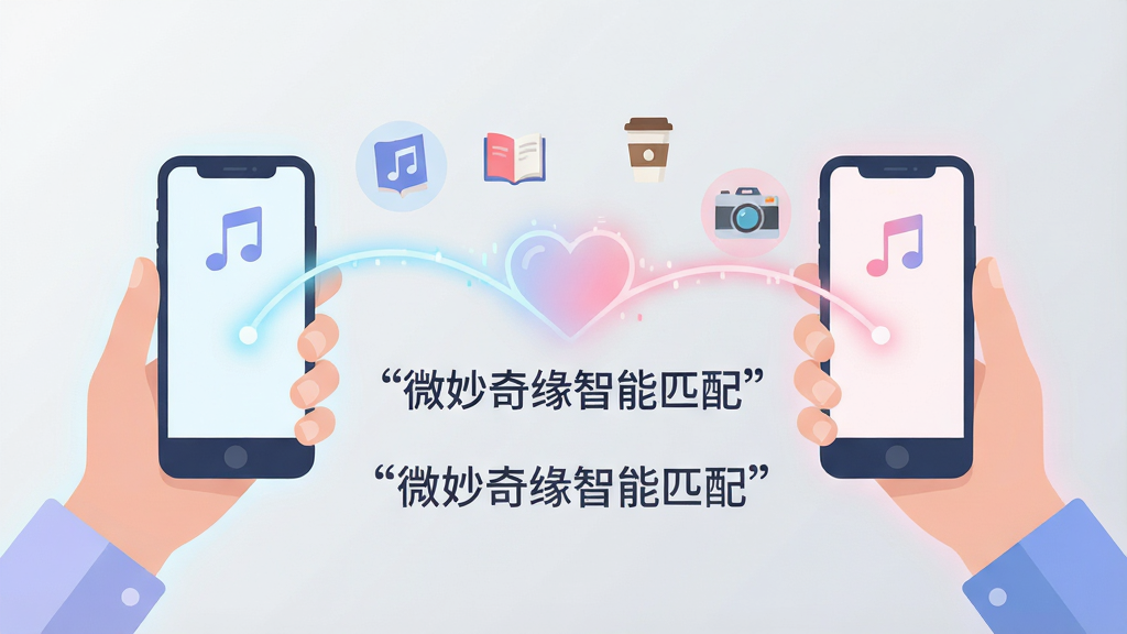 一幅表现智能匹配功能的扁平化插画,主体是两只手各自拿着一部手机,手机屏幕之间由一条发光的爱心数据线连接,线上漂浮着代表兴趣的图标如音符、书本、咖啡杯、相机,布局采用左右对角线构图,风格为现代简约科技风,细节加入淡蓝色与淡粉色的光晕效果,画质干净柔和,背景为浅灰色渐变,画面中央用引号标注文字“微妙奇缘智能匹配”。