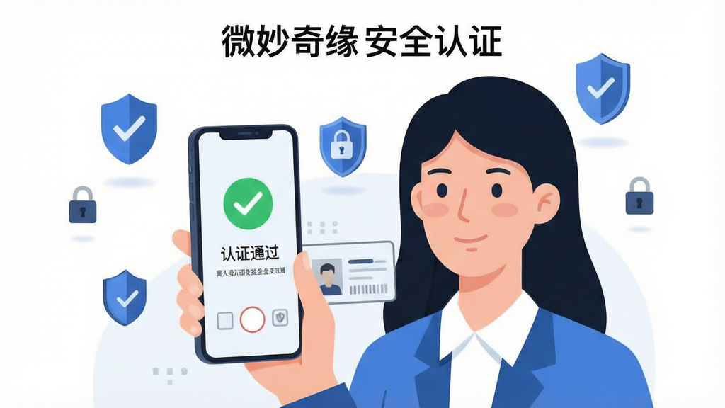 一张强调真人认证与安全社交的插画,主体是一位用户手持身份证件面对手机摄像头进行人脸识别,手机屏幕显示绿色认证通过的对勾图标和盾牌安全标识,布局采用居中特写视角,风格为简洁商务插画风,细节上加入漂浮的蓝色认证徽章和加密锁图案,画质清晰干净,背景为纯白色,画面中标注文字“微妙奇缘安全认证”。
