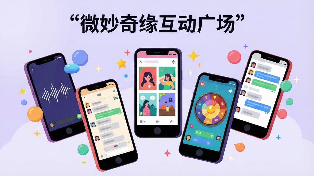 一幅展示社交互动场景的插画,主体是多个手机屏幕悬浮在空中,每个屏幕显示不同的互动界面,如语音波纹、动态图片墙、游戏转盘、群聊对话框,布局采用错落有致的悬浮排列,风格为活泼明快的扁平插画,细节加入彩色气泡和星光点缀,画质干净清晰,背景为浅紫色渐变,画面顶部用引号标注“微妙奇缘互动广场”。