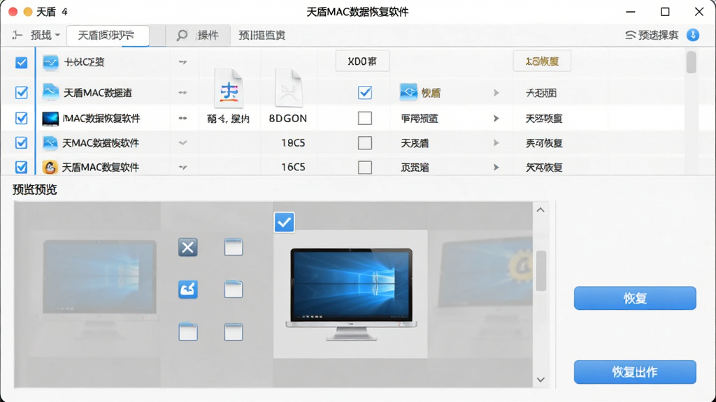 文件预览与勾选操作界面,主体为天盾MAC数据恢复软件预览窗口,布局上方为文件列表,下方为预览窗格,排版清晰,风格为简约现代,细节包含勾选框、预览缩略图、恢复按钮,画质高清干净,图片中文字标注“天盾MAC数据恢复软件”
