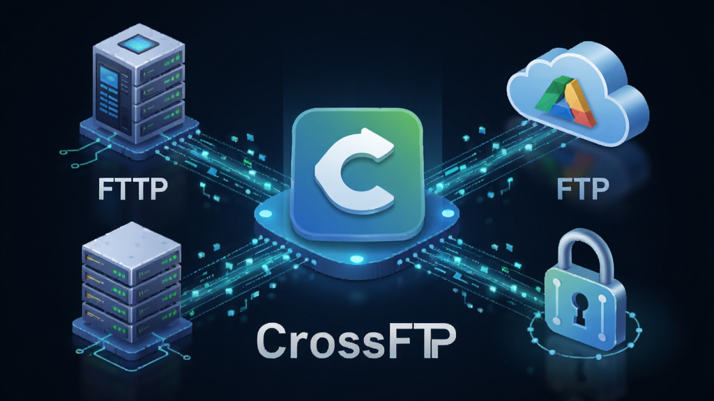 CrossFTP软件功能示意图,画面中央是CrossFTP图标,周围连接着FTP服务器、云存储图标、加密锁标志,布局呈放射状,风格科技感十足,细节包括数据流线条、服务器机架、云朵图标,画质清晰,背景干净,文字标注