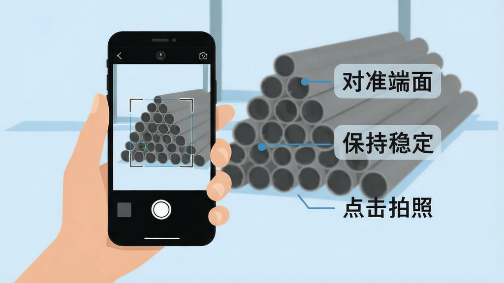 数钢管AR新手操作示意图,画面中一只手拿着手机对着钢管堆拍照,手机屏幕显示识别中的界面,旁边有简单的文字标注“对准端面”“保持稳定”“点击拍照”,风格扁平化信息图,底色浅蓝,画质干净,无多余元素