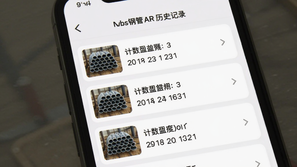 数钢管AR历史记录页面,手机屏幕显示计数记录列表,每条记录包含缩略图、计数数量、日期时间,界面干净整洁,背景为浅色,风格简约,画质清晰,无多余元素