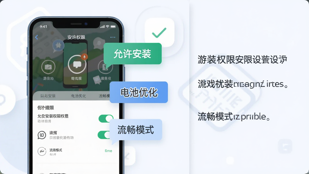 画面主体为一部智能手机屏幕中显示游戏安装权限设置界面,旁边漂浮着“允许安装”“电池优化”“流畅模式”等文字标签,布局采用左右分栏,左侧手机、右侧文字说明,风格为扁平化科技插画,细节包括设置图标、开关按钮、提示气泡,画质为高清、干净、无多余元素