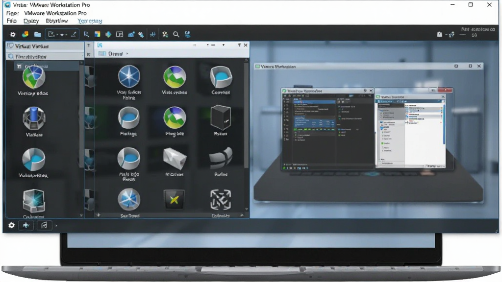 VMware Workstation Pro 软件界面全景图,主体是一台打开的笔记本电脑,屏幕上显示着虚拟机管理主界面,左侧列表展示多个虚拟机系统图标,右侧是虚拟机运行预览窗口,布局居中,排版整洁,风格为现代科技感,细节包括清晰的菜单栏、工具栏和状态栏,画面干净明亮,画质高清,无多余元素