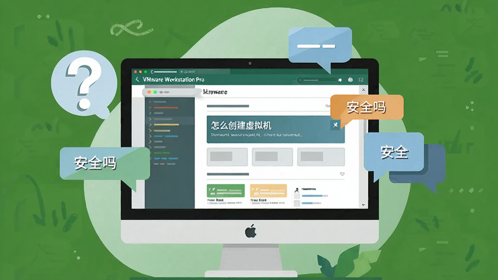 VMware Workstation Pro 用户问答场景图,主体是一台电脑屏幕显示问答论坛界面,旁边有问号和对话框图标,布局居中,风格为扁平化插画,细节包括“怎么创建虚拟机”“安全吗”等文字气泡,画质高清,干净无多余元素