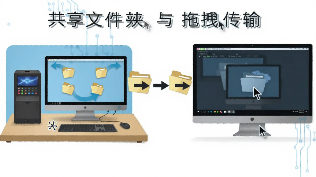 共享文件夹与拖拽传输的示意图,主体是一台电脑屏幕,左侧是物理机桌面,右侧是虚拟机桌面,中间有文件图标和箭头表示拖拽传输,布局左右对照,风格为简洁科技插画,细节包括文件夹图标和光标,画质高清,干净无多余元素